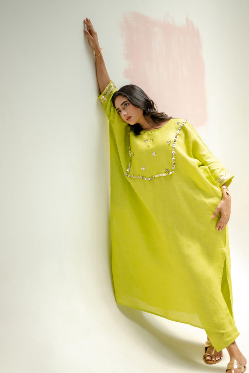 Longline Kaftan Kurta with Pants-SUBLIME NEON linen by PRAHNAAYA in green color for women Worldwide
