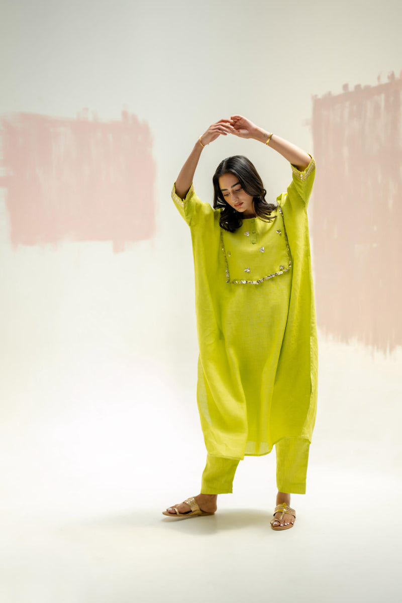Longline Kaftan Kurta with Pants-SUBLIME NEON linen by PRAHNAAYA in green color for women Worldwide
