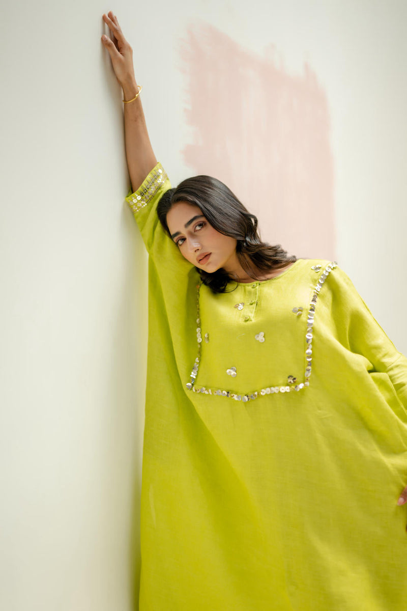 Longline Kaftan Kurta with Pants-SUBLIME NEON linen by PRAHNAAYA in green color for women Worldwide