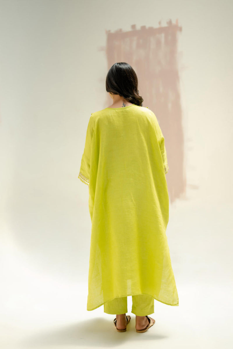Longline Kaftan Kurta with Pants-SUBLIME NEON linen by PRAHNAAYA in green color for women Worldwide