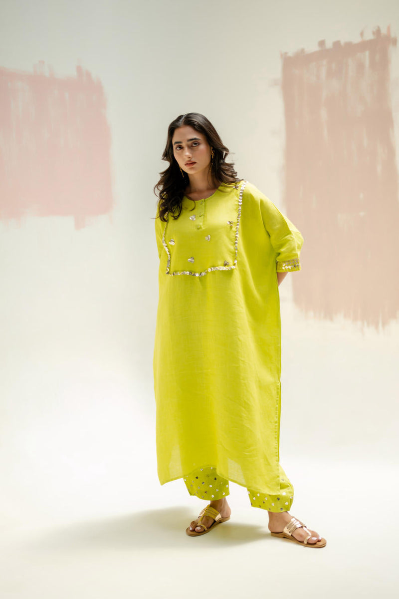 Longline Kaftan Kurta with Stylish Pants-SUBLIME NEON linen by PRAHNAAYA in green color for women Worldwide