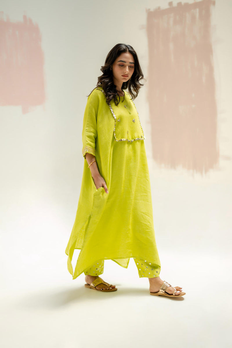Longline Kaftan Kurta with Stylish Pants-SUBLIME NEON linen by PRAHNAAYA in green color for women Worldwide