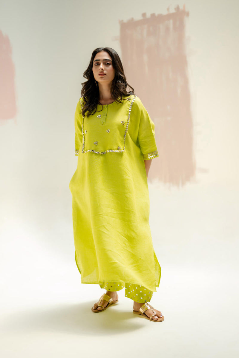 Longline Kaftan Kurta with Stylish Pants-SUBLIME NEON linen by PRAHNAAYA in green color for women Worldwide