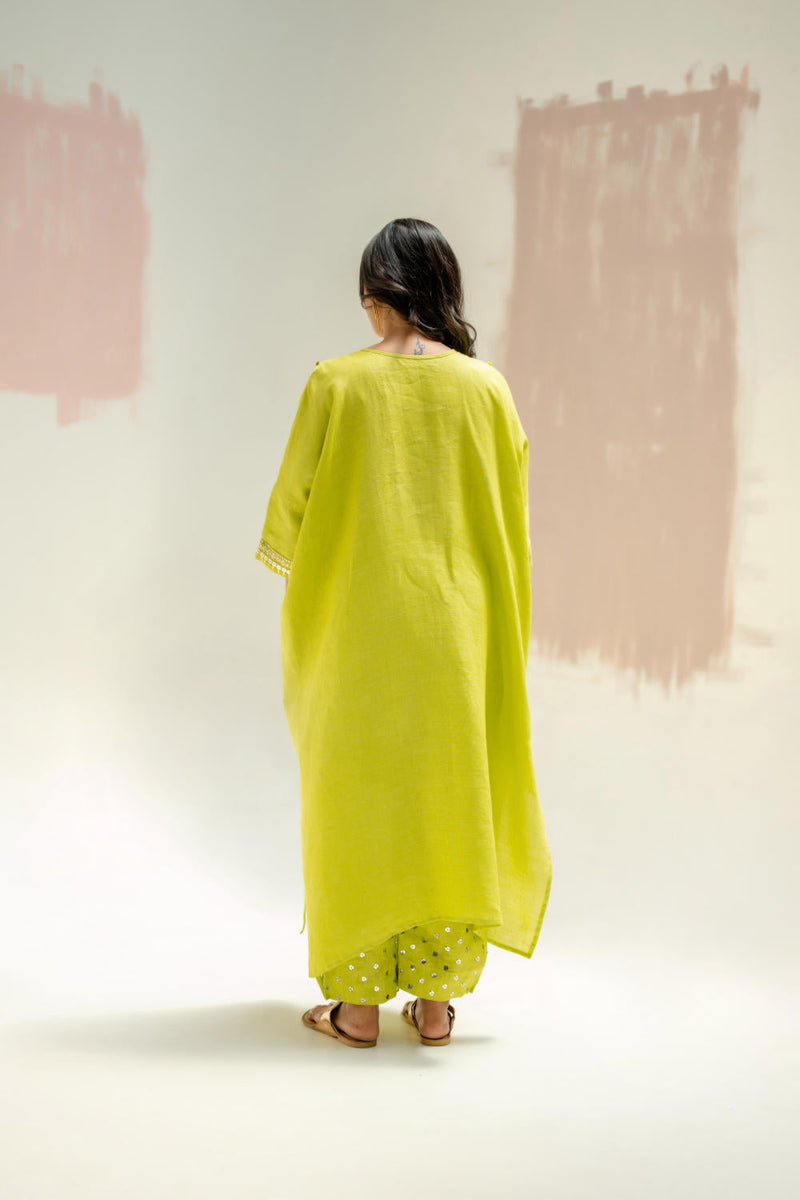 Longline Kaftan Kurta with Stylish Pants-SUBLIME NEON linen by PRAHNAAYA in green color for women Worldwide