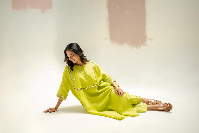 Longline Kaftan Kurta with Stylish Pants-SUBLIME NEON linen by PRAHNAAYA in green color for women Worldwide