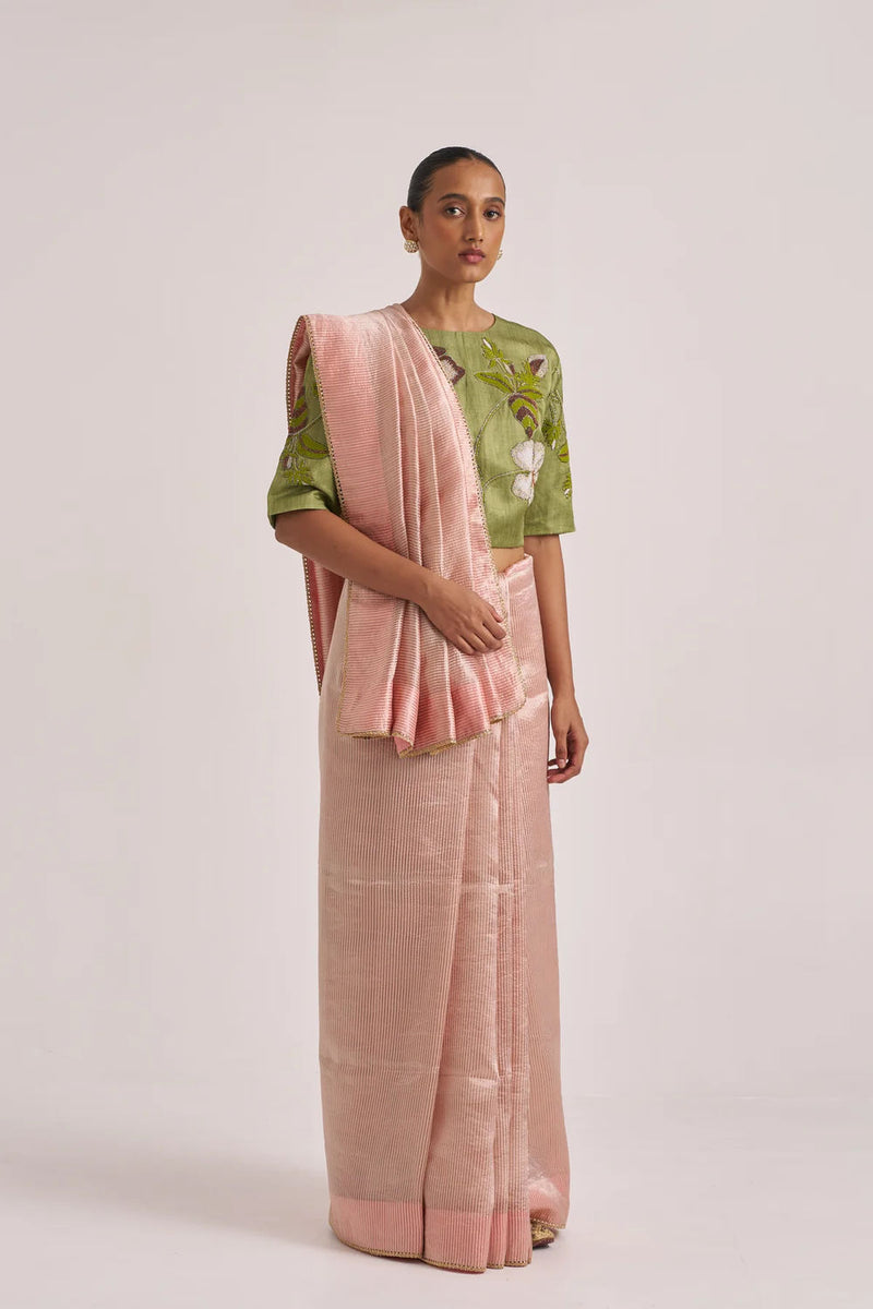 Bhavya Sari-Peach handwoven mulberry silk by Suparna Som in beige for women Worldwide
