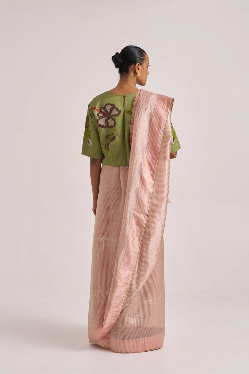 Bhavya Sari-Peach handwoven mulberry silk by Suparna Som in beige for women Worldwide