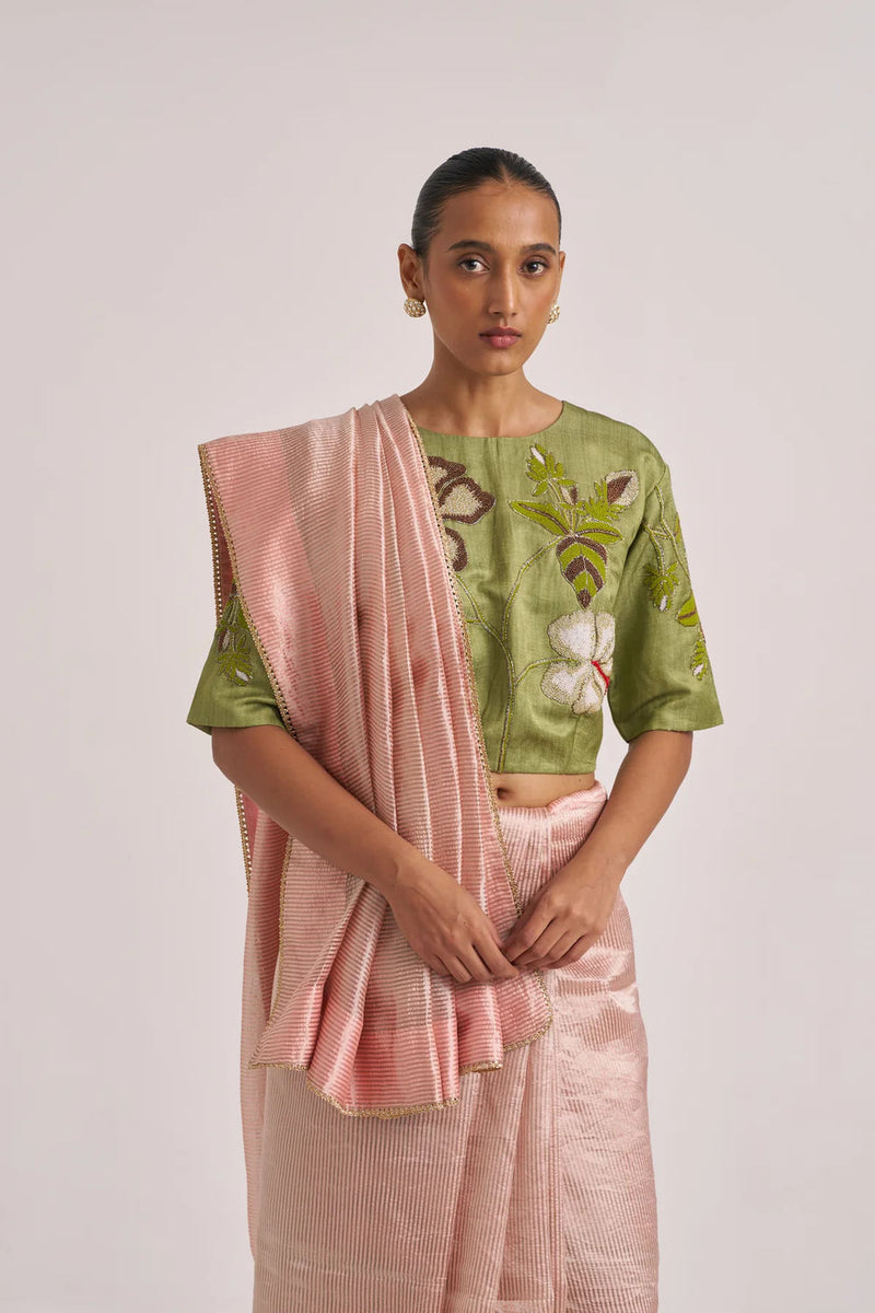 Bhavya Sari-Peach handwoven mulberry silk by Suparna Som in beige for women Worldwide
