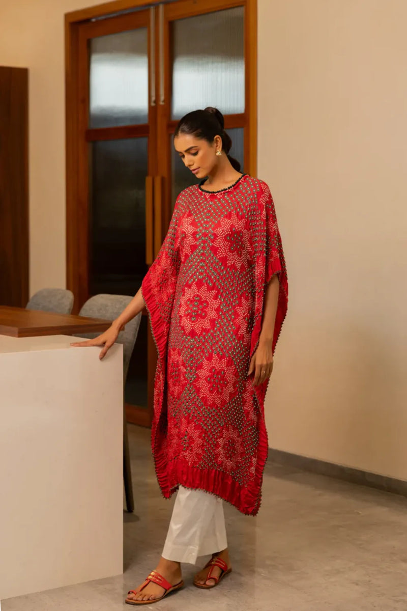 STAR KAFTAN-RED silk by Dyelogue in red color for women Worldwide