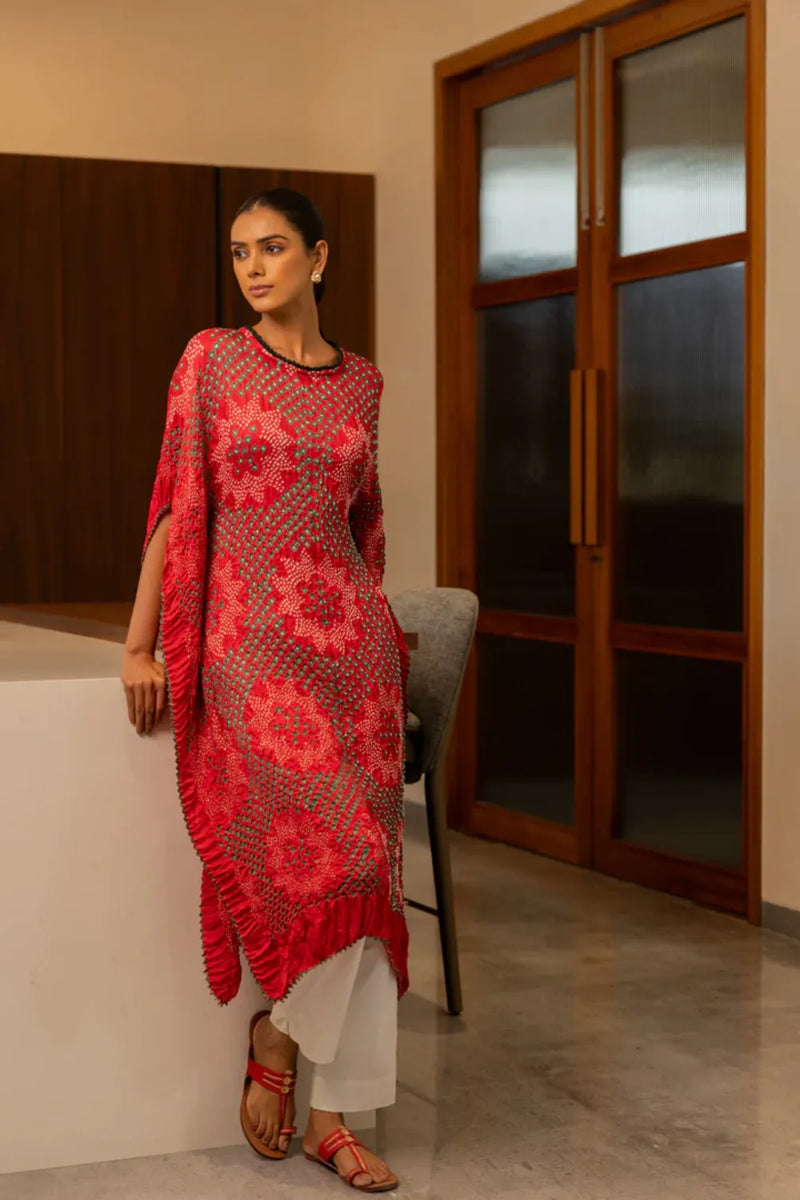 STAR KAFTAN-RED silk by Dyelogue in red color for women Worldwide
