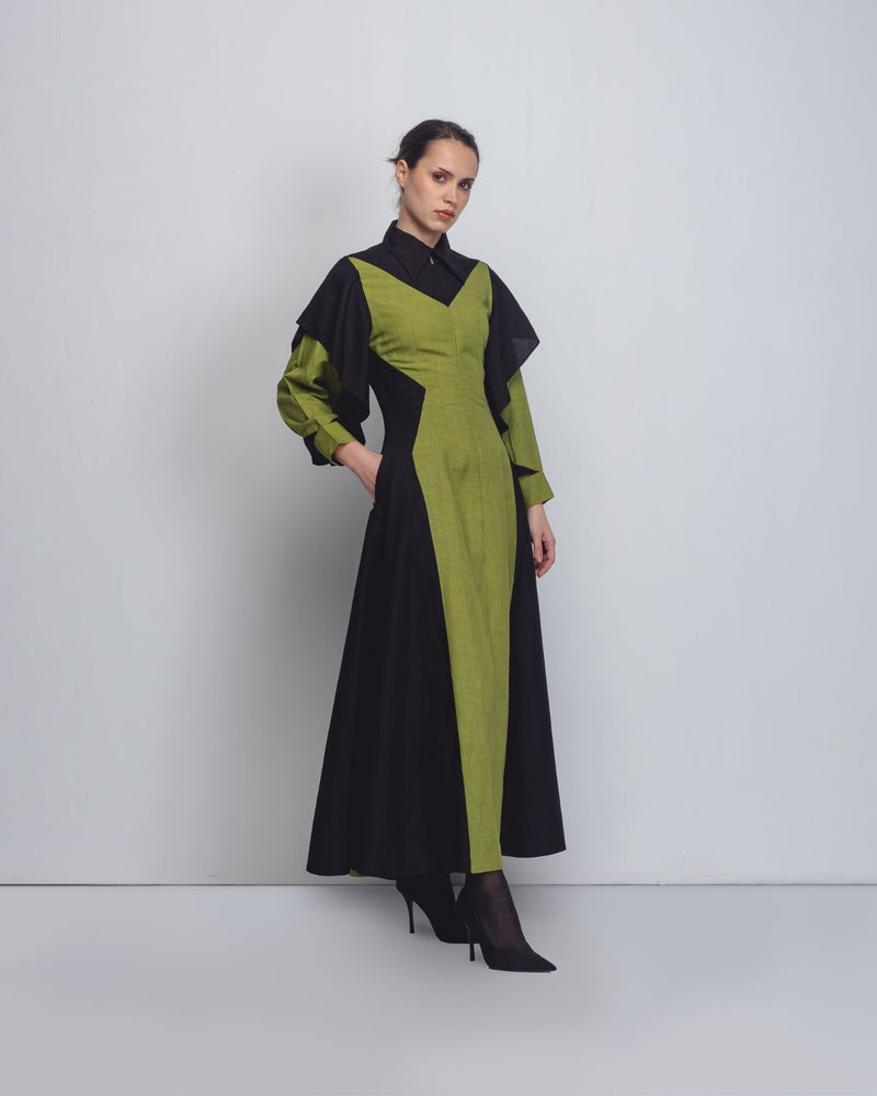 Strella Colourblocked Dress - Parrot Green + Black by Leh Studios in green color for women Worldwide