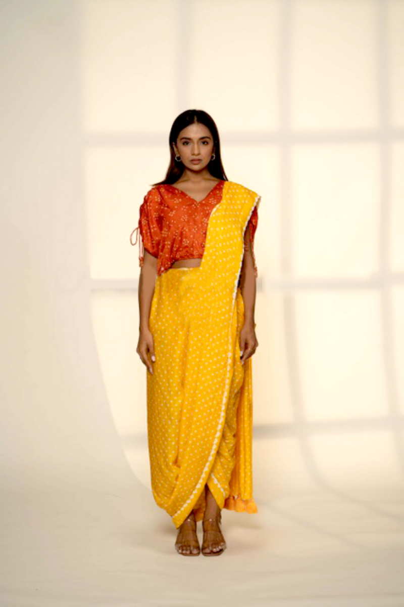 SKIRT SAREE-YELLOW silk by Dyelogue in yellow color for women Worldwide