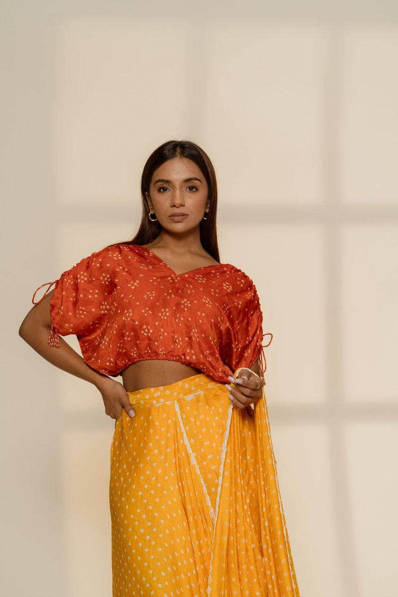 SKIRT SAREE-YELLOW silk by Dyelogue in yellow color for women Worldwide