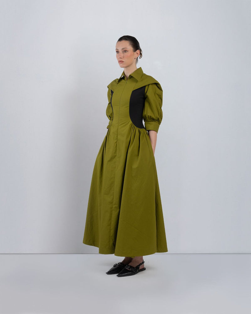 SUE DRESS - Olive + Black dress by Leh Studios in olive for women Worldwide