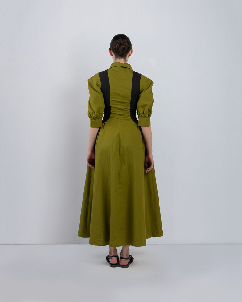 SUE DRESS - Olive + Black dress by Leh Studios in olive for women Worldwide