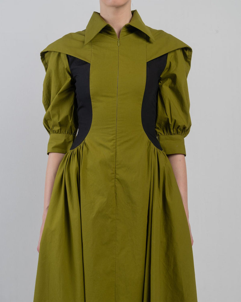 SUE DRESS - Olive + Black dress by Leh Studios in olive for women Worldwide