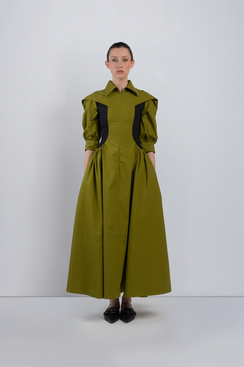 SUE DRESS - Olive + Black dress by Leh Studios in olive for women Worldwide