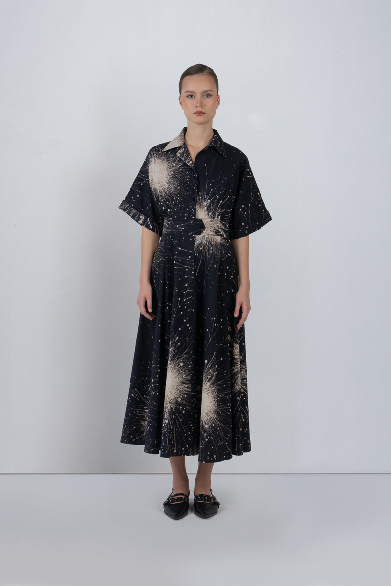 SUN DRESS IN SPLATTER PRINT - Black + Ivory dress by Leh Studios in black for women Worldwide