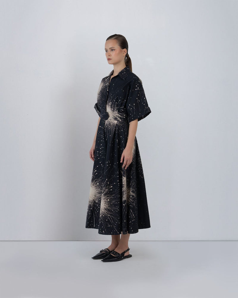 SUN DRESS IN SPLATTER PRINT - Black + Ivory dress by Leh Studios in black for women Worldwide