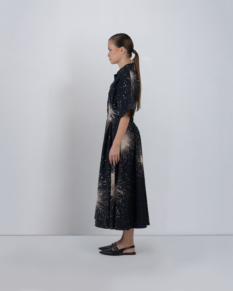 SUN DRESS IN SPLATTER PRINT - Black + Ivory dress by Leh Studios in black for women Worldwide