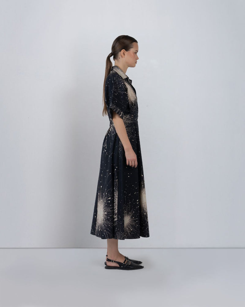 SUN DRESS IN SPLATTER PRINT - Black + Ivory dress by Leh Studios in black for women Worldwide
