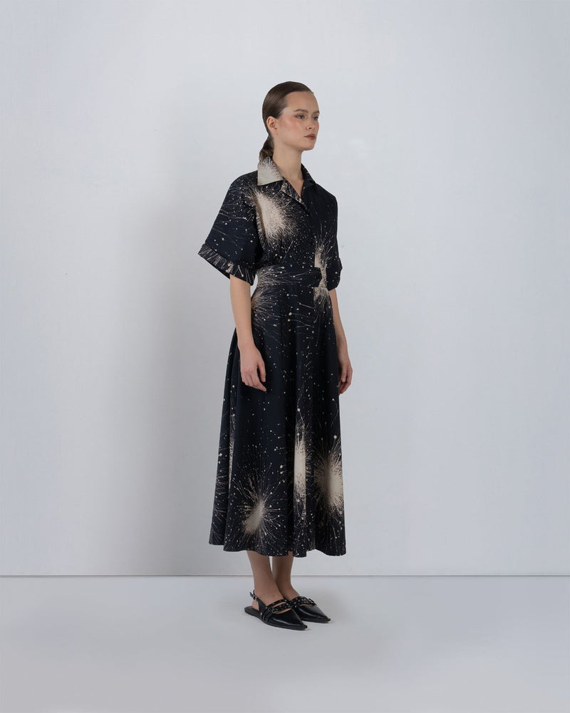 SUN DRESS IN SPLATTER PRINT - Black + Ivory dress by Leh Studios in black for women Worldwide