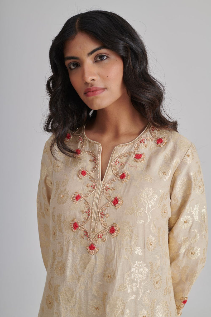 SUNHERI & SAHANA KURTA & PANT silk by Rashika Mittal in beige color for women Worldwide