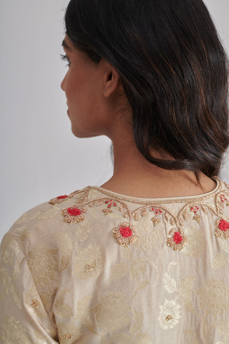 SUNHERI & SAHANA KURTA & PANT silk by Rashika Mittal in beige color for women Worldwide
