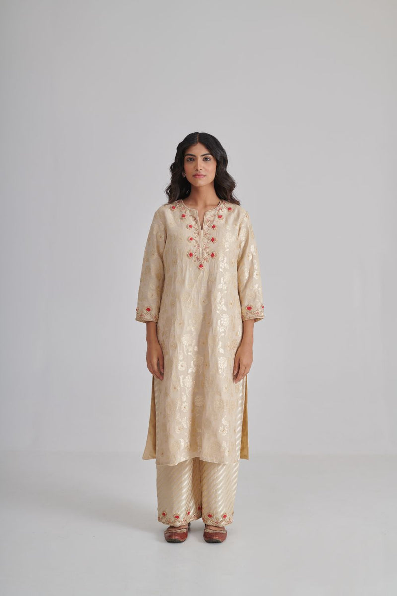 SUNHERI & SAHANA KURTA & PANT silk by Rashika Mittal in beige color for women Worldwide