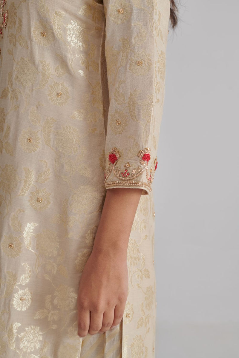 SUNHERI & SAHANA KURTA & PANT silk by Rashika Mittal in beige color for women Worldwide
