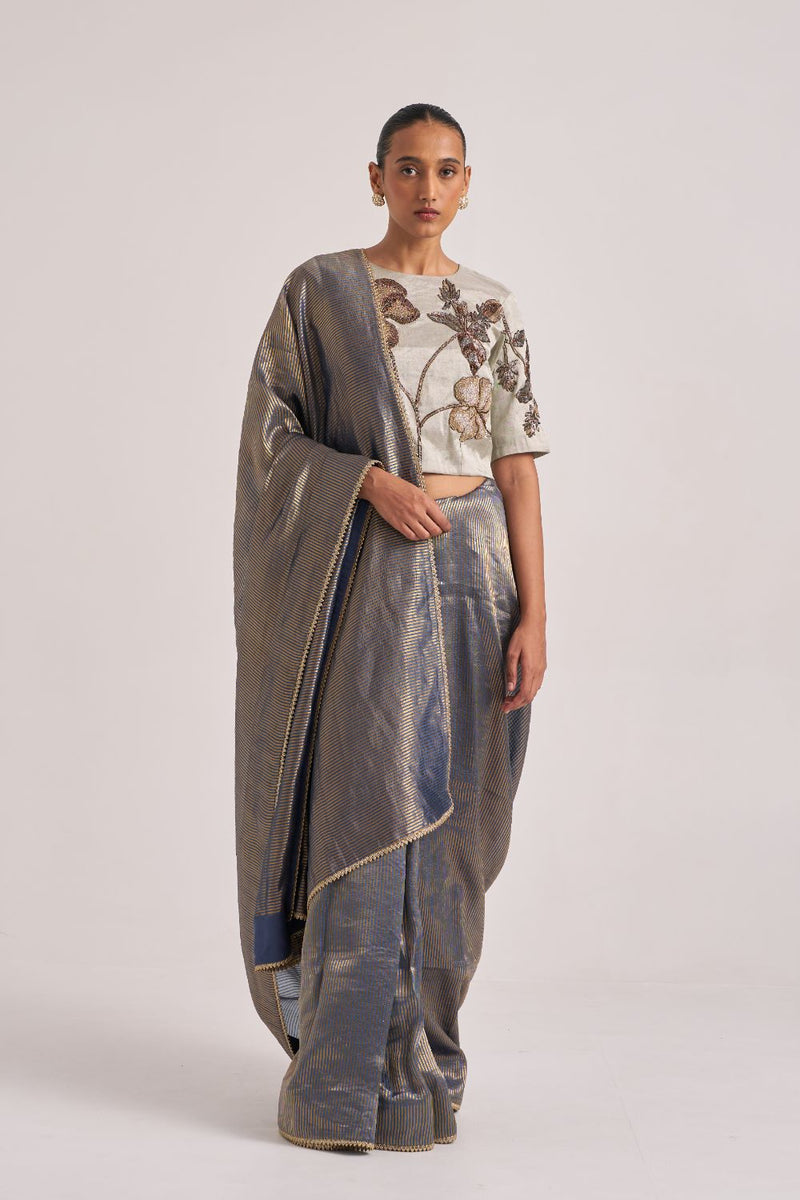 Bhavya Sari Blue silk by Suparna Som in grey color for women Worldwide