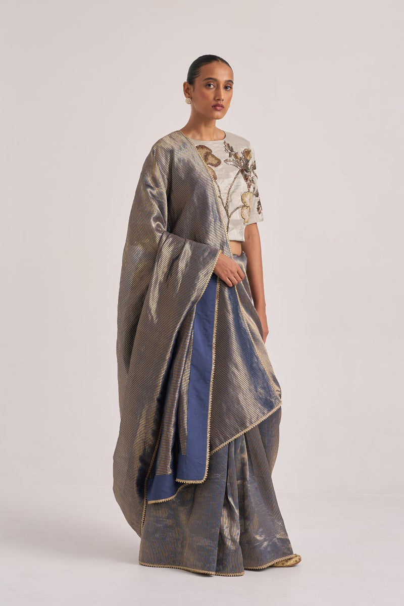 Bhavya Sari Blue silk by Suparna Som in grey color for women Worldwide