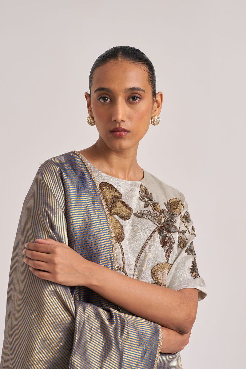 Bhavya Sari Blue silk by Suparna Som in grey color for women Worldwide