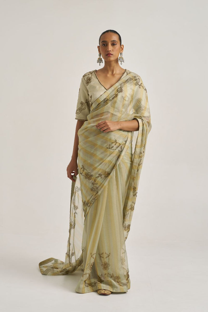 Yamini Sari Gold organza by Suparna Som in grey color for women Worldwide