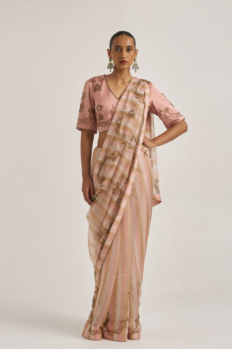 Yamini Sari Salmon organza by Suparna Som in beige color for women Worldwide