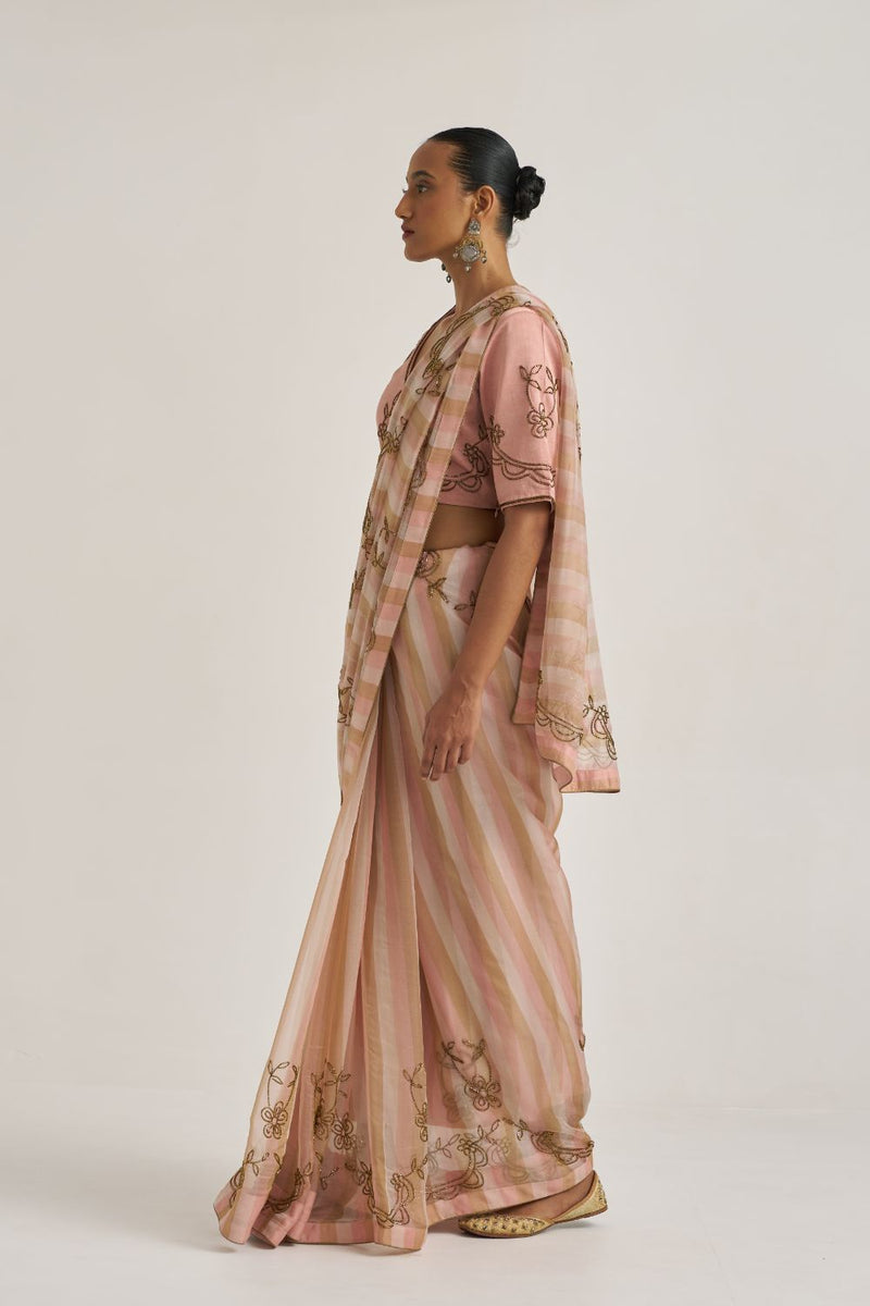Yamini Sari Salmon organza by Suparna Som in beige color for women Worldwide