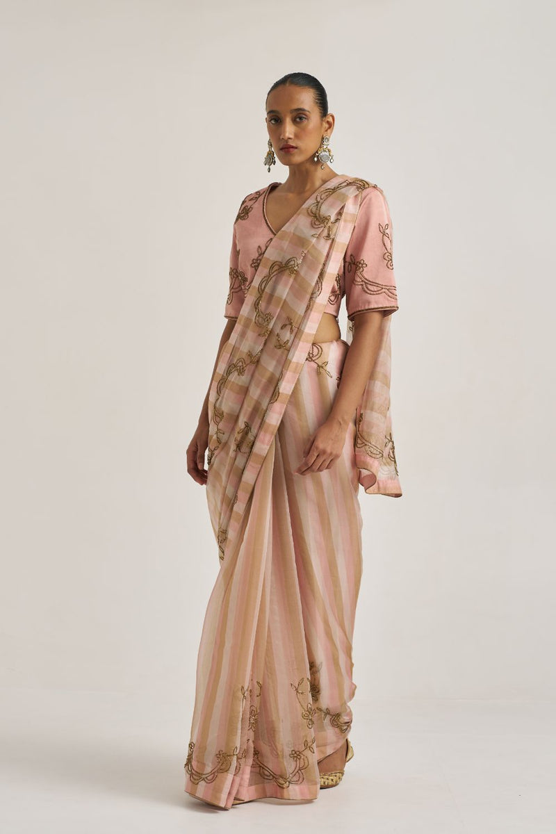 Yamini Sari Salmon organza by Suparna Som in beige color for women Worldwide