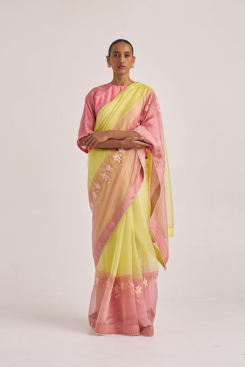 Swara Sari organza by Suparna Som in yellow color for women Worldwide
