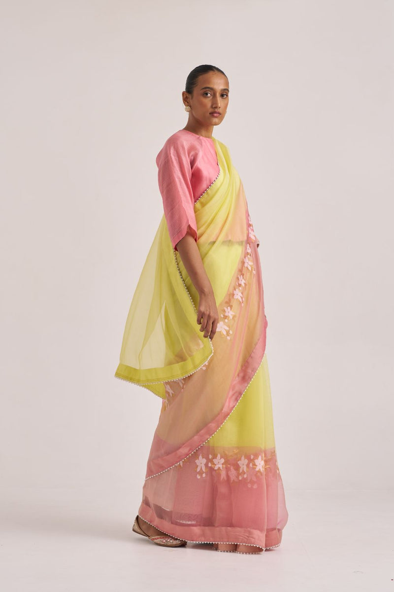 Swara Sari organza by Suparna Som in yellow color for women Worldwide
