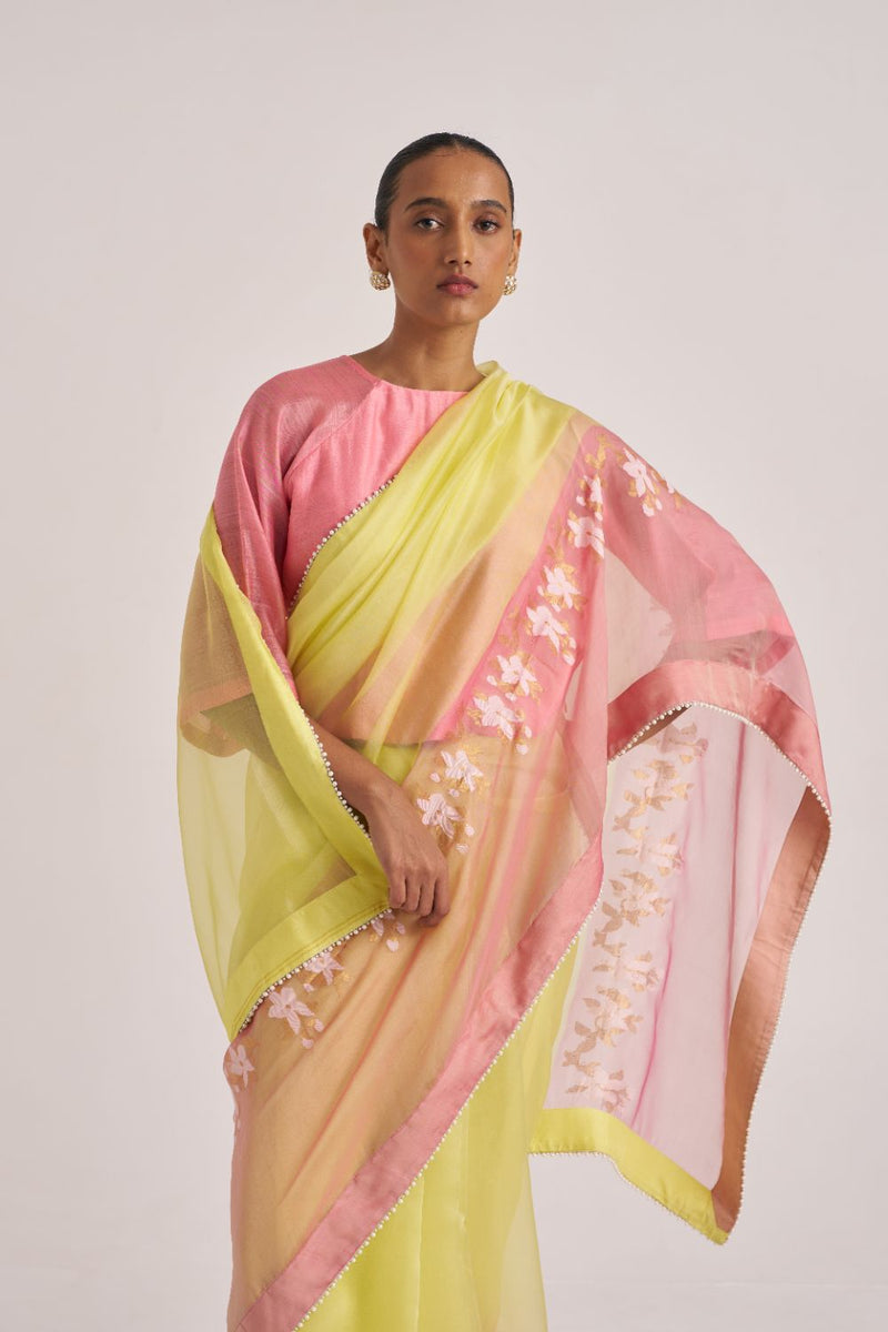 Swara Sari organza by Suparna Som in yellow color for women Worldwide
