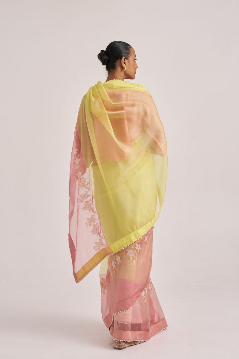Swara Sari organza by Suparna Som in yellow color for women Worldwide