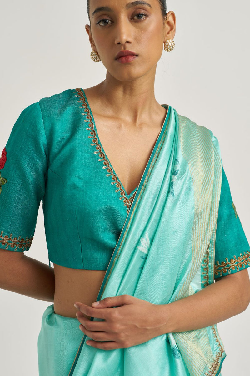 Rose Blouse Teal silk by Suparna Som in teal color for women Worldwide