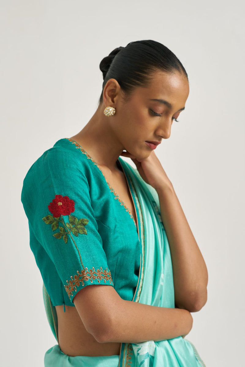 Rose Blouse Teal silk by Suparna Som in teal color for women Worldwide
