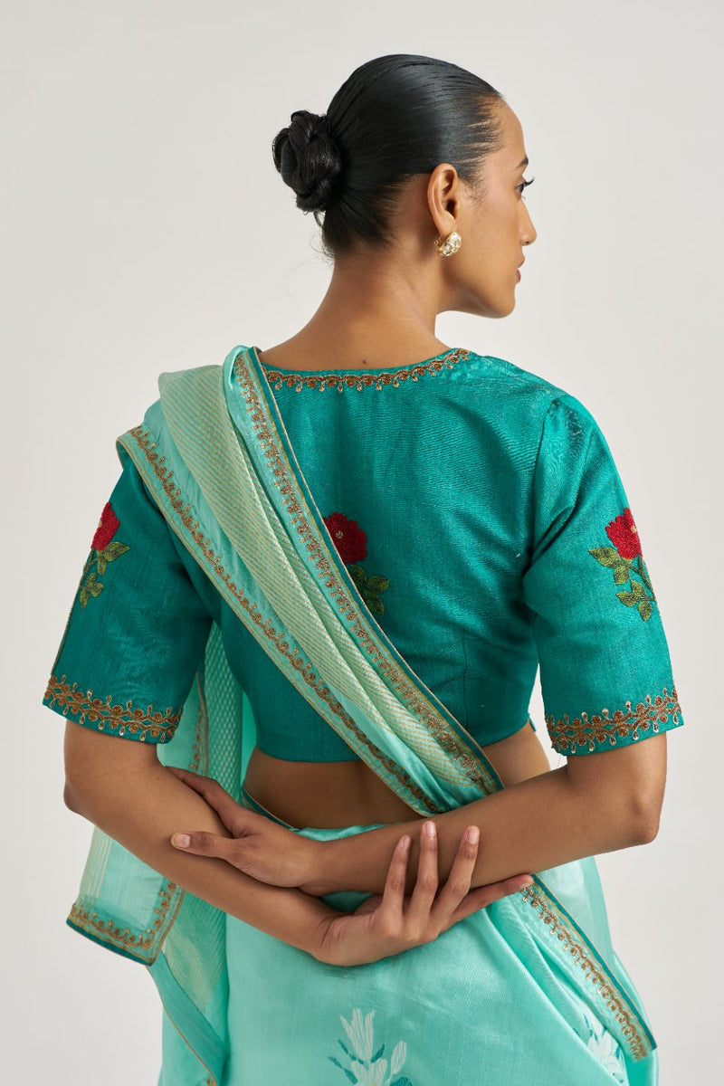 Rose Blouse Teal silk by Suparna Som in teal color for women Worldwide