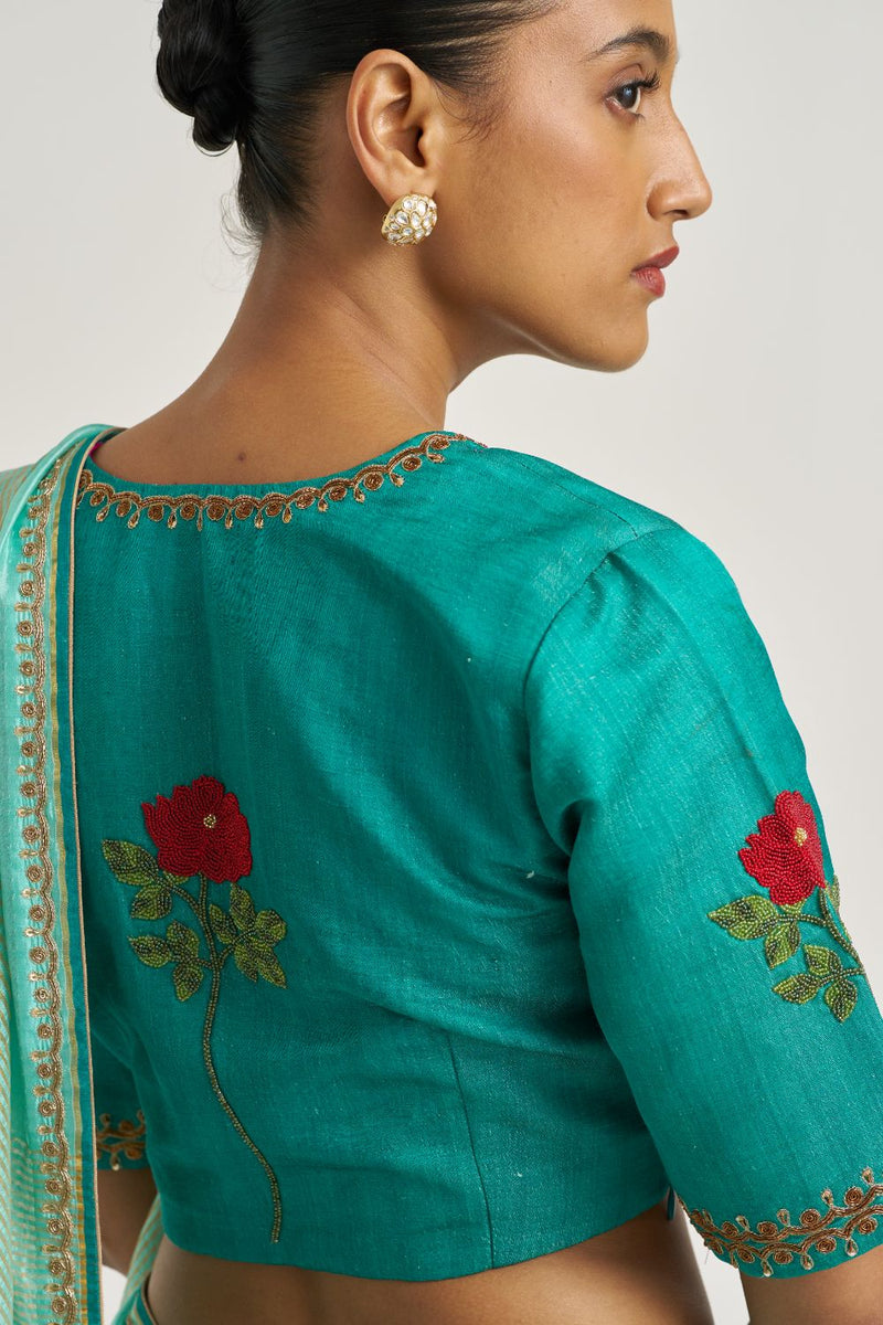 Rose Blouse Teal silk by Suparna Som in teal color for women Worldwide