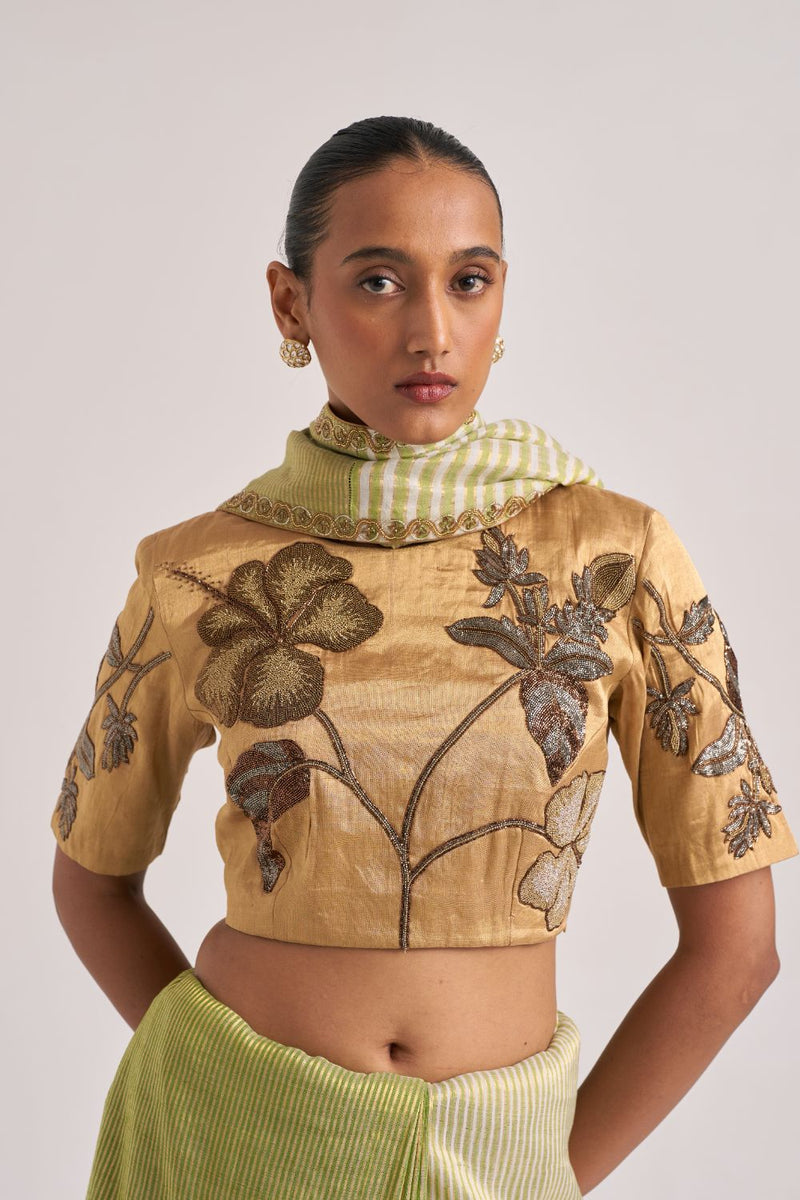 Hibiscus Blouse Gold silk by Suparna Som in gold color for women Worldwide