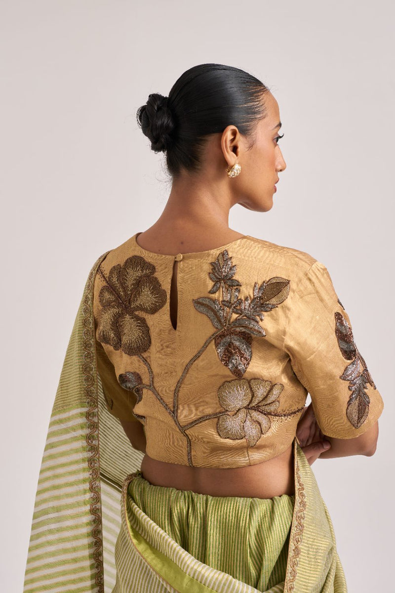Hibiscus Blouse Gold silk by Suparna Som in gold color for women Worldwide