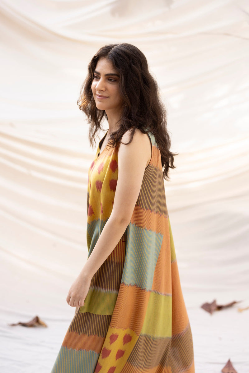 SUR BIAS SLEEVELESS DRESS 100% cotton by Translate - Handwoven Ikat in multi color for women Worldwide