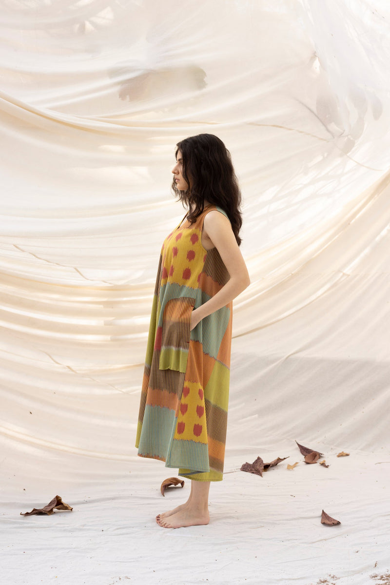 SUR BIAS SLEEVELESS DRESS 100% cotton by Translate - Handwoven Ikat in multi color for women Worldwide