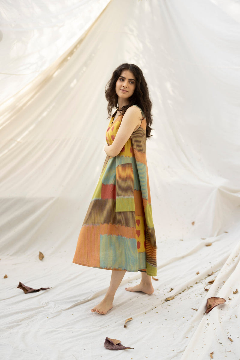 SUR BIAS SLEEVELESS DRESS 100% cotton by Translate - Handwoven Ikat in multi color for women Worldwide